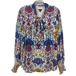 Talbots long sleeve tie neck Floral Medallion career multicolored blouse sz XL